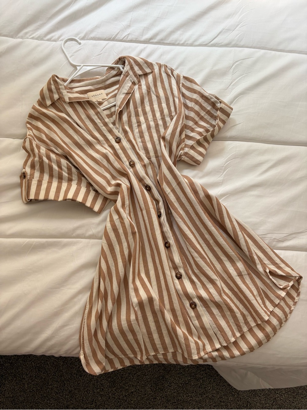 Sezane Sofia Dress Ecru Camel Size Small Shirt Mini Dress Stripe